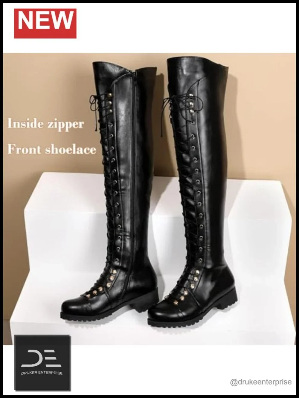 Women's Knee-High Combat Riding Boots PU Leather Lace Up Biker Motorcycle Zip